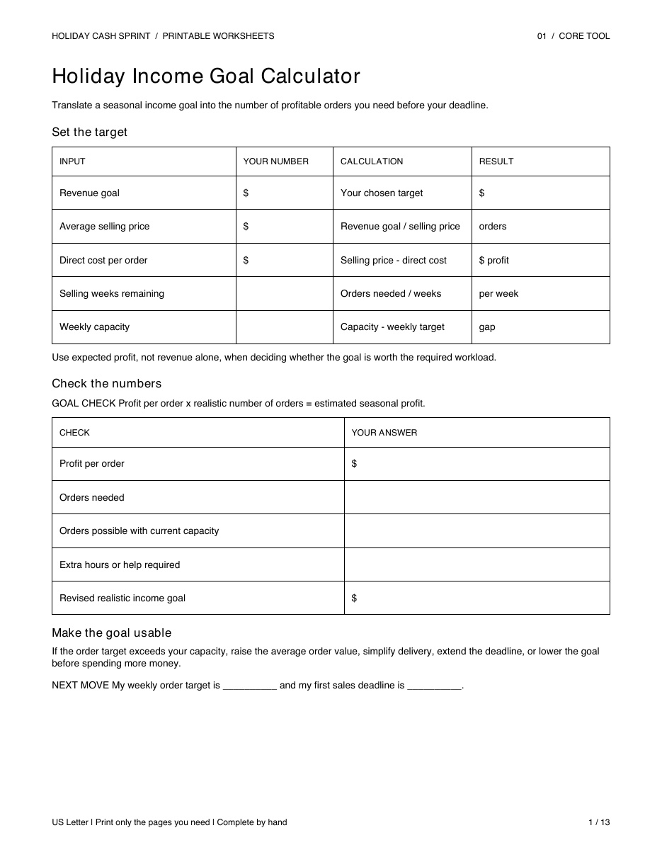 Cover of the printable Holiday Cash Sprint workbook